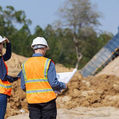 Two construction workers in safety vests and helmets review blueprints and observe a dump truck unloading soil at an earthwork site surrounded by dirt piles and trees under a clear sky.
